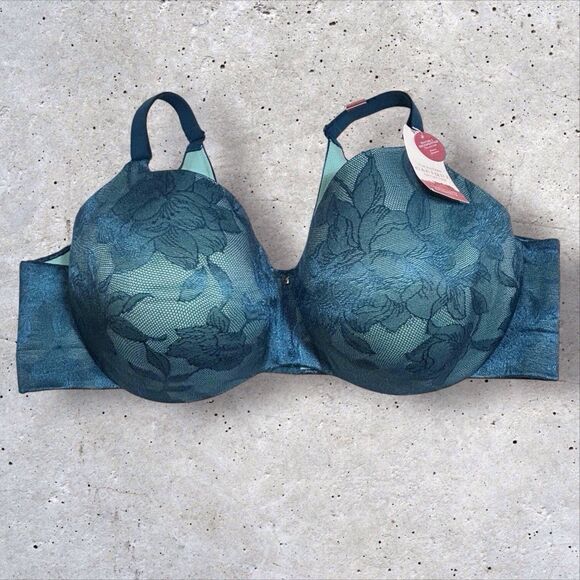 Cacique 46DD Invisible Back Smoother Bra Lace Lightly Lined Balconette Teal NWT - Picture 2 of 12